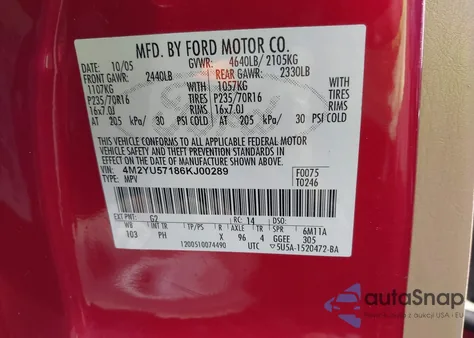 2006 Mercury Mariner Luxury/Premier z USA, uszkodzony, nr VIN 4M2YU57186KJ00289